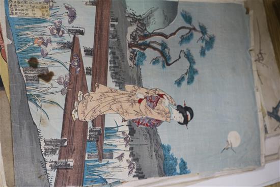 A folio of assorted Japanese woodblock prints and drawings, and an erotic folding book